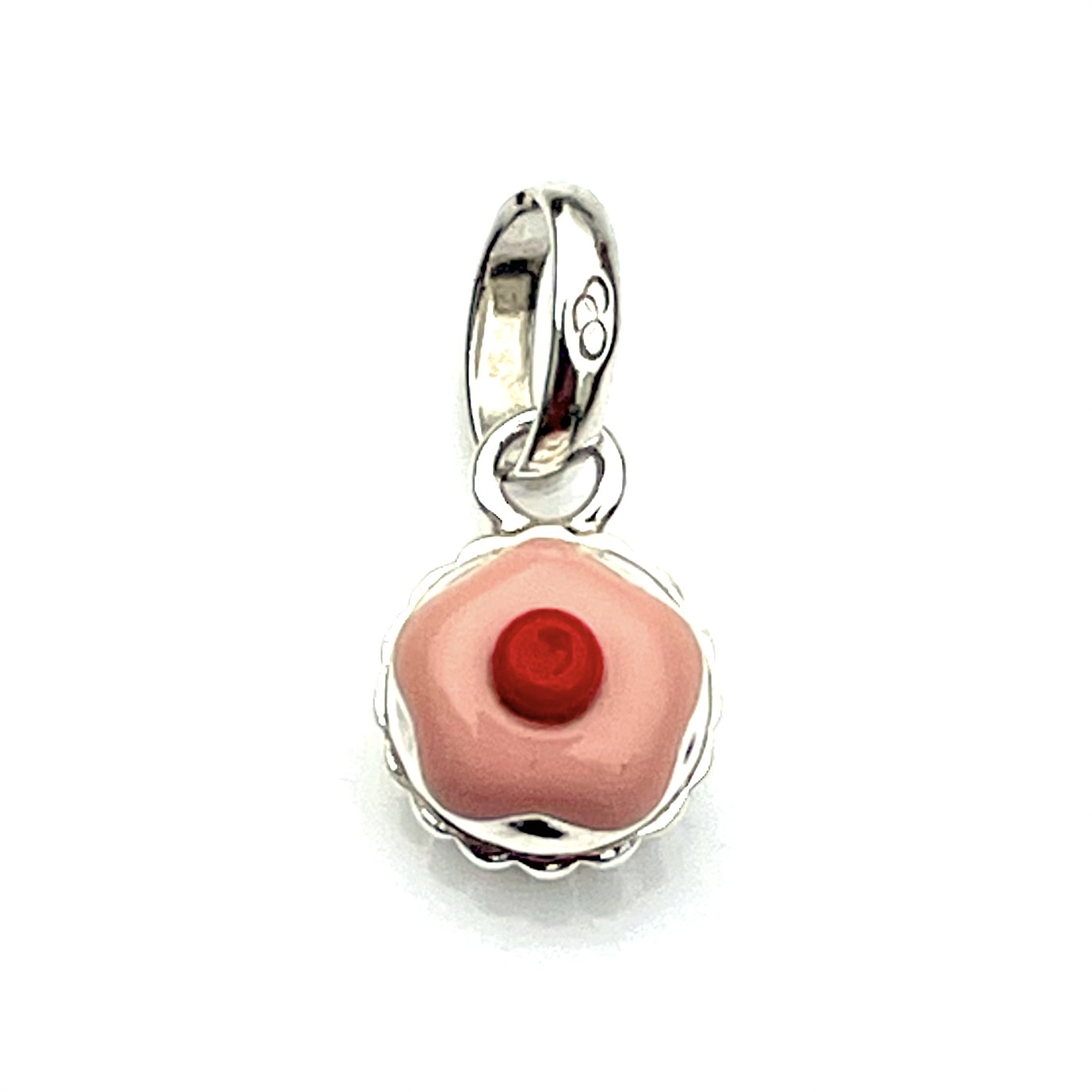 Links of London Pink Cupcake Charm featuring a sterling silver body and cherry-topped pink enamel icing