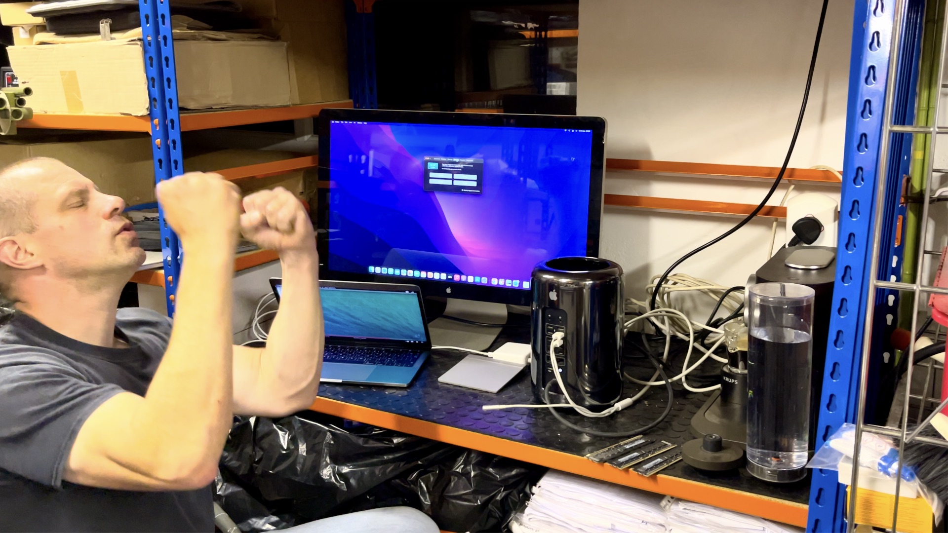 Barry Roberts enjoying a coffee break while working on the Mac Pro.