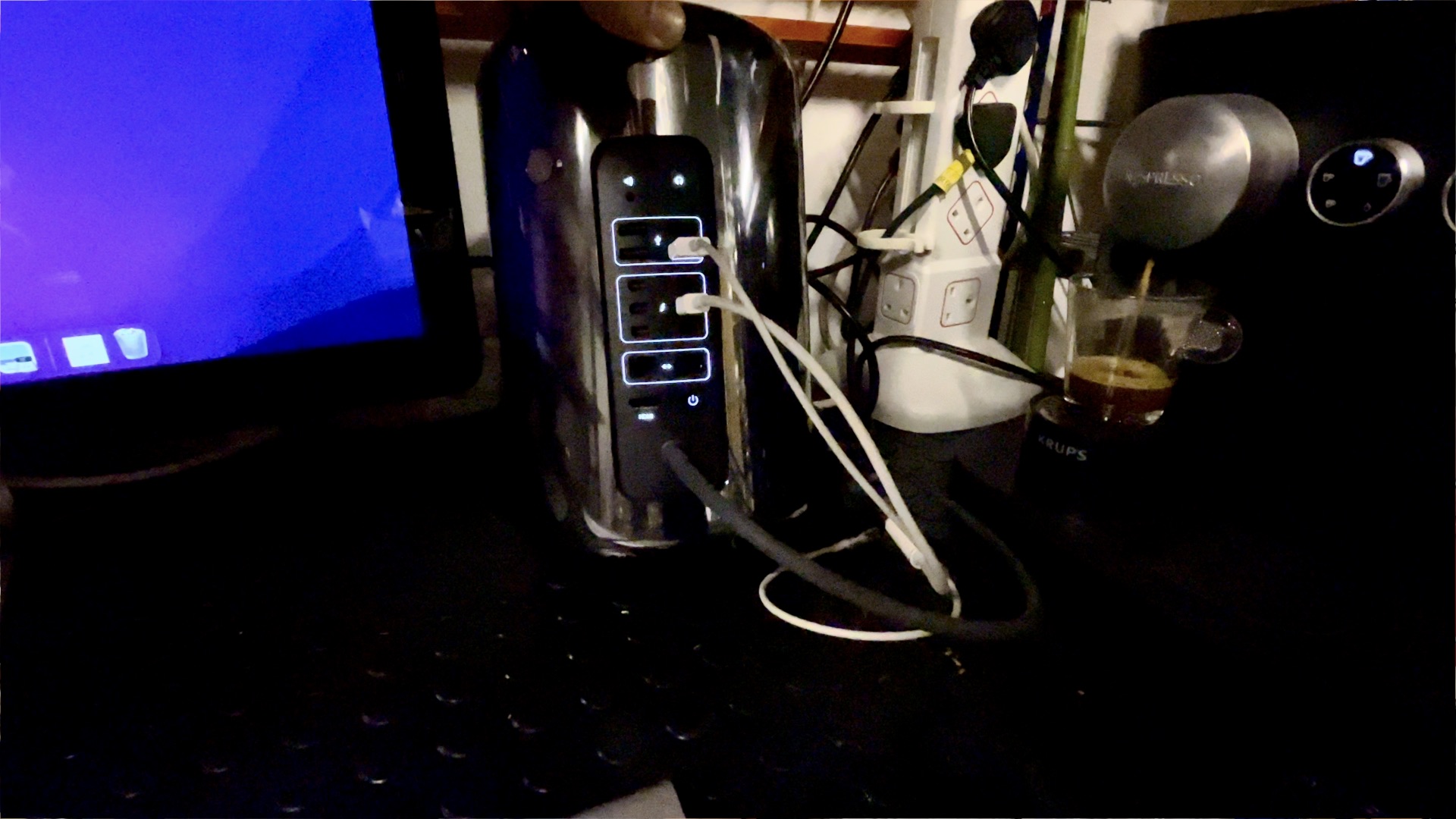 The sleek design of the Mac Pro 2013 on display at the Links London workspace.