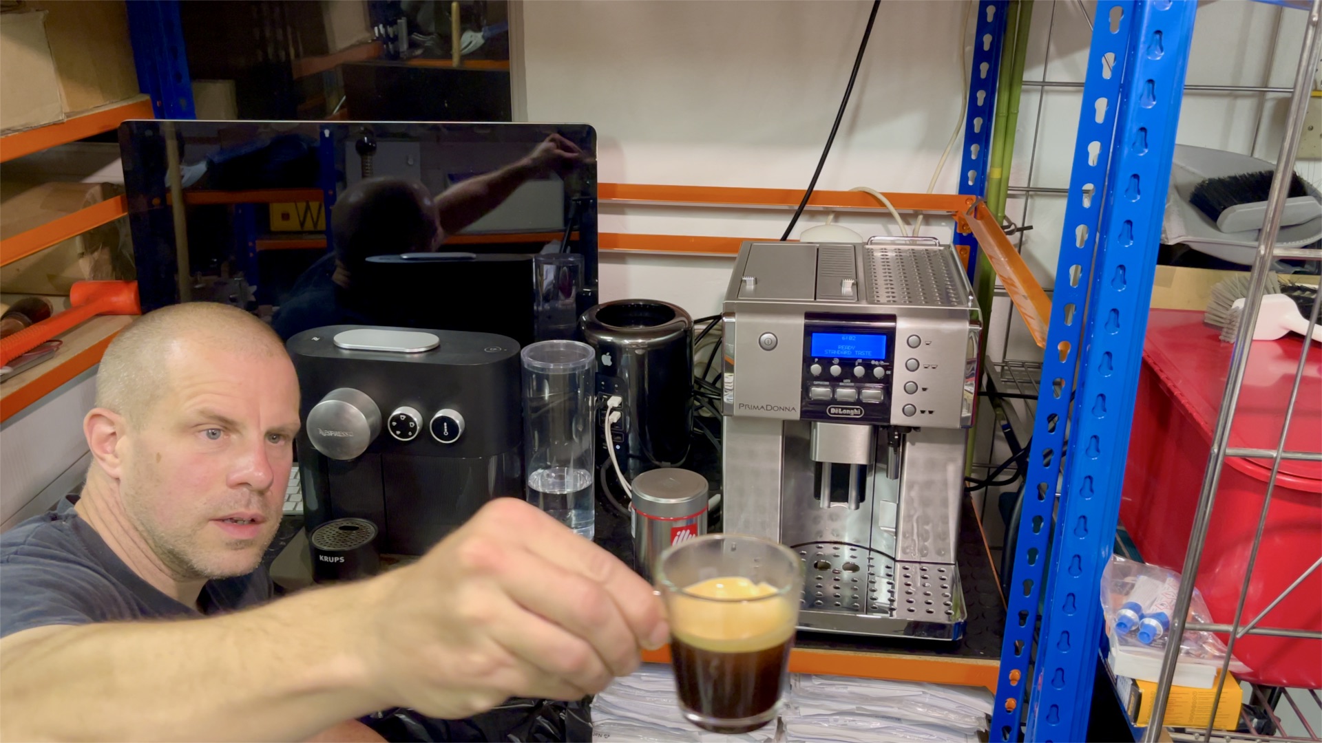 Close-up of the espresso with crema from the first successful coffee with the new machine.