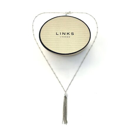 Full view of vintage Links of London Raindance necklace with tassel pendant.