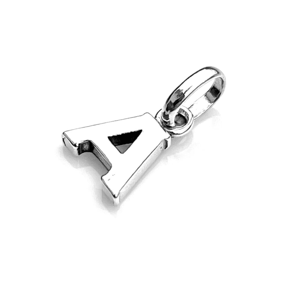 Side view showing the polished finish of the Initial A charm