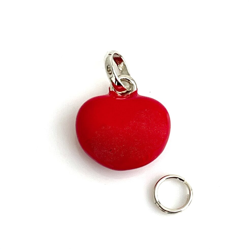 Red enamel heart charm displayed with 7mm split ring for easy attachment