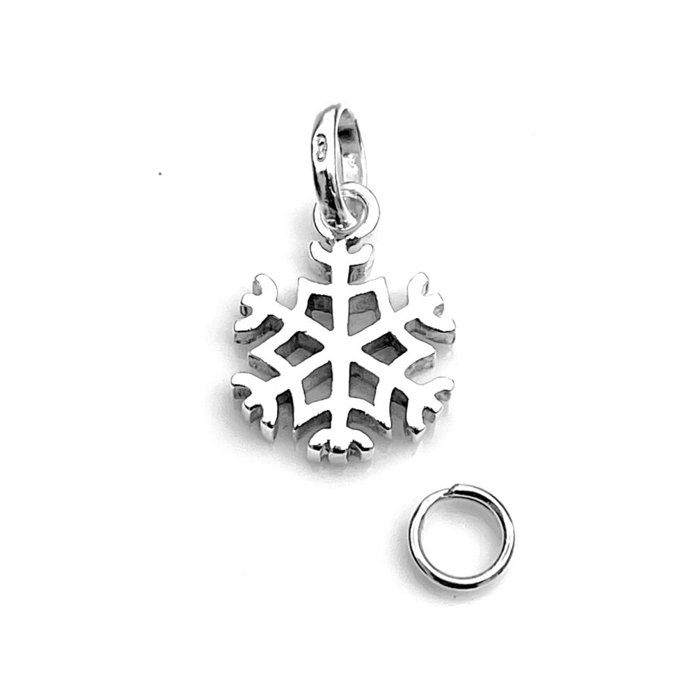 Snowflake charm displayed with 7mm split ring for easy attachment