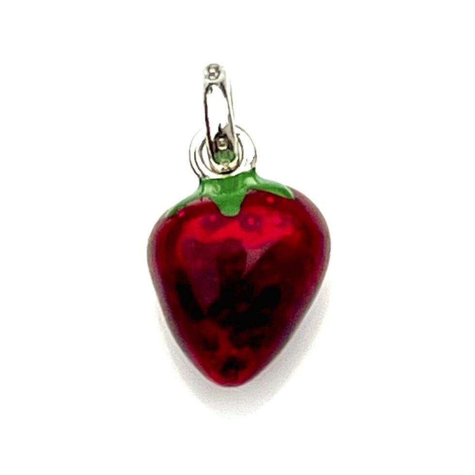 Top view highlighting the green enamel leaf on the strawberry charm