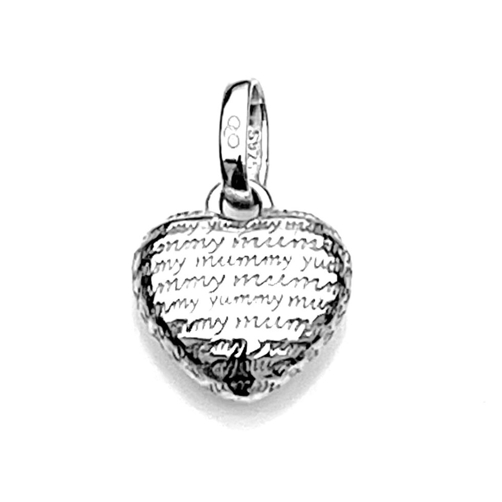 Side view showcasing the heart shape and engraved Yummy Mummy text on charm