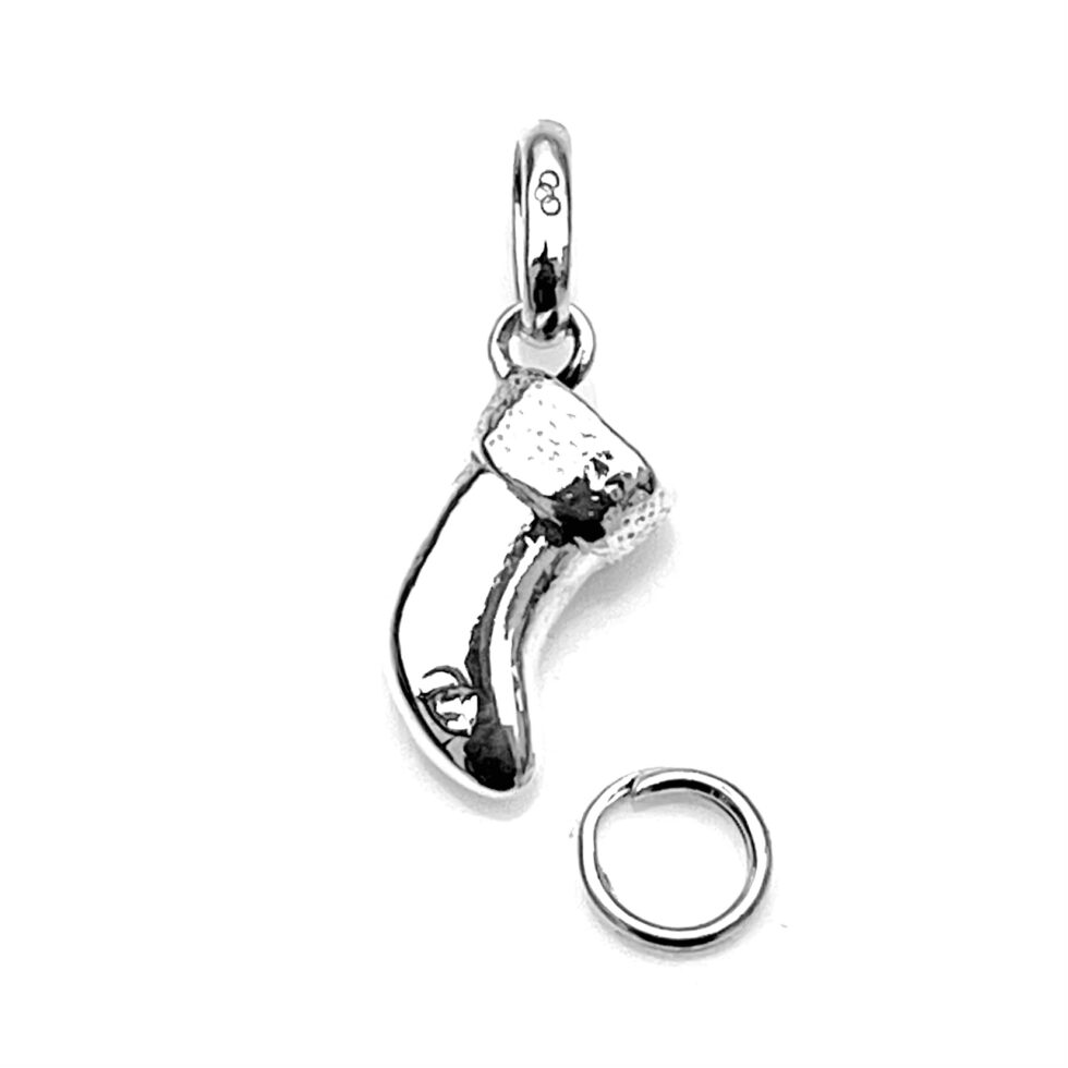 Detailed view of sterling silver Christmas Stocking charm with 7mm split ring