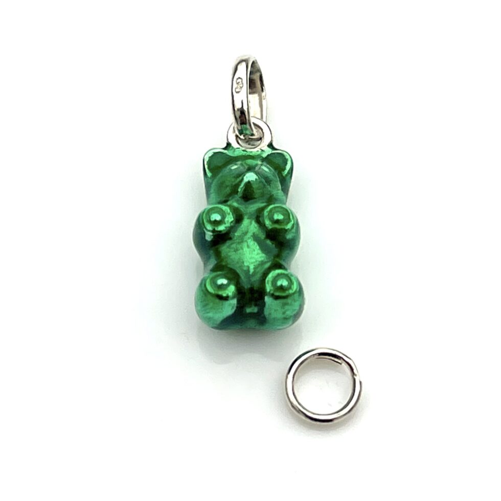 Detailed shot of sterling silver Gummy Bear charm with 7mm split ring