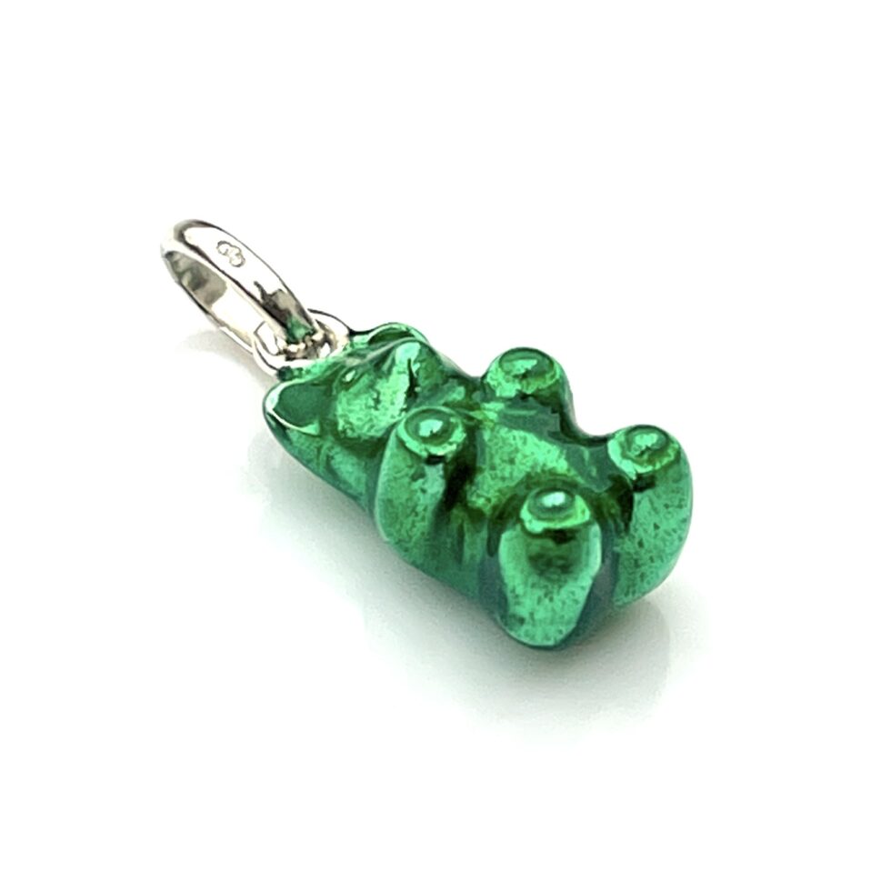 Close-up of bright green enamel finish on the Gummy Bear charm