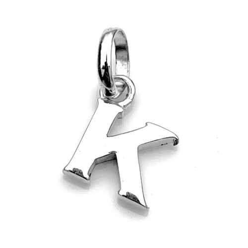 Close-up of 'K' Charm showing polished sterling silver finish