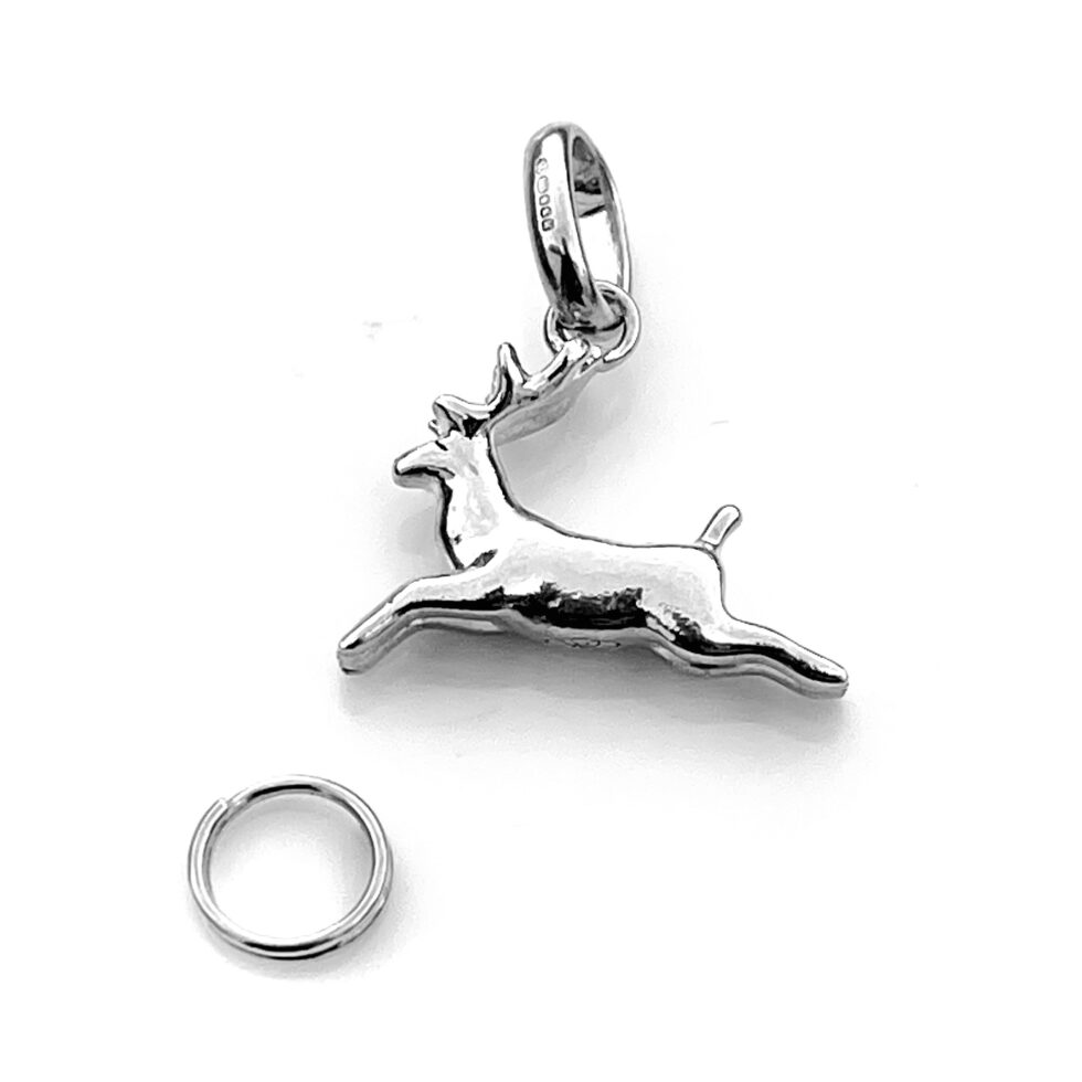 sterling silver Leaping Reindeer charm with 7mm split ring