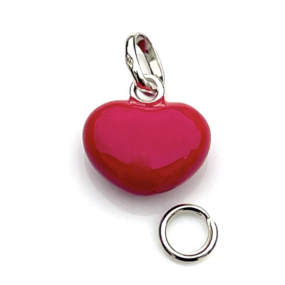 Detailed shot of sterling silver Hot Pink Heart charm with 7mm split ring