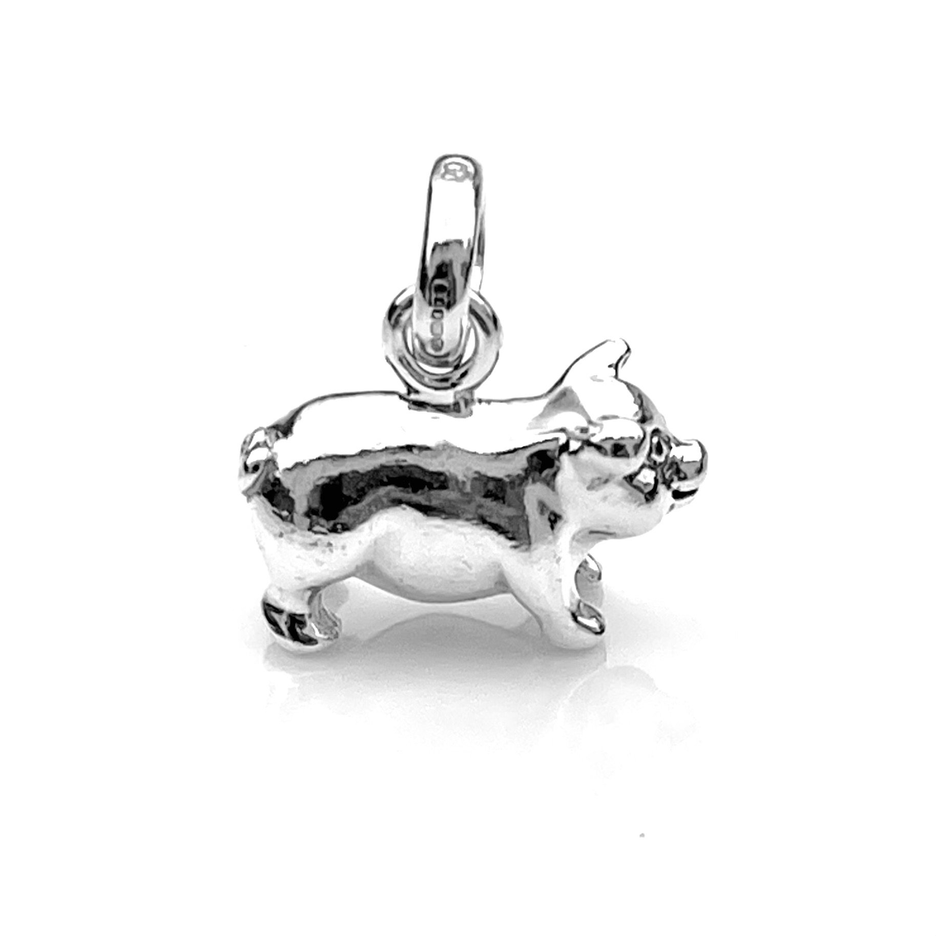 Close-up of the oval bail and jump ring on the Pot Bellied Pig charm