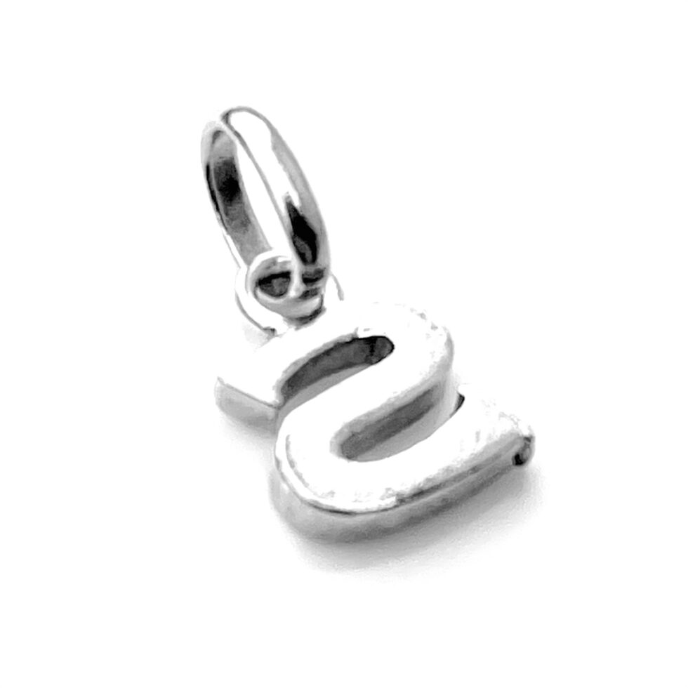 The sterling silver S charm photographed in natural light to highlight its detailing.