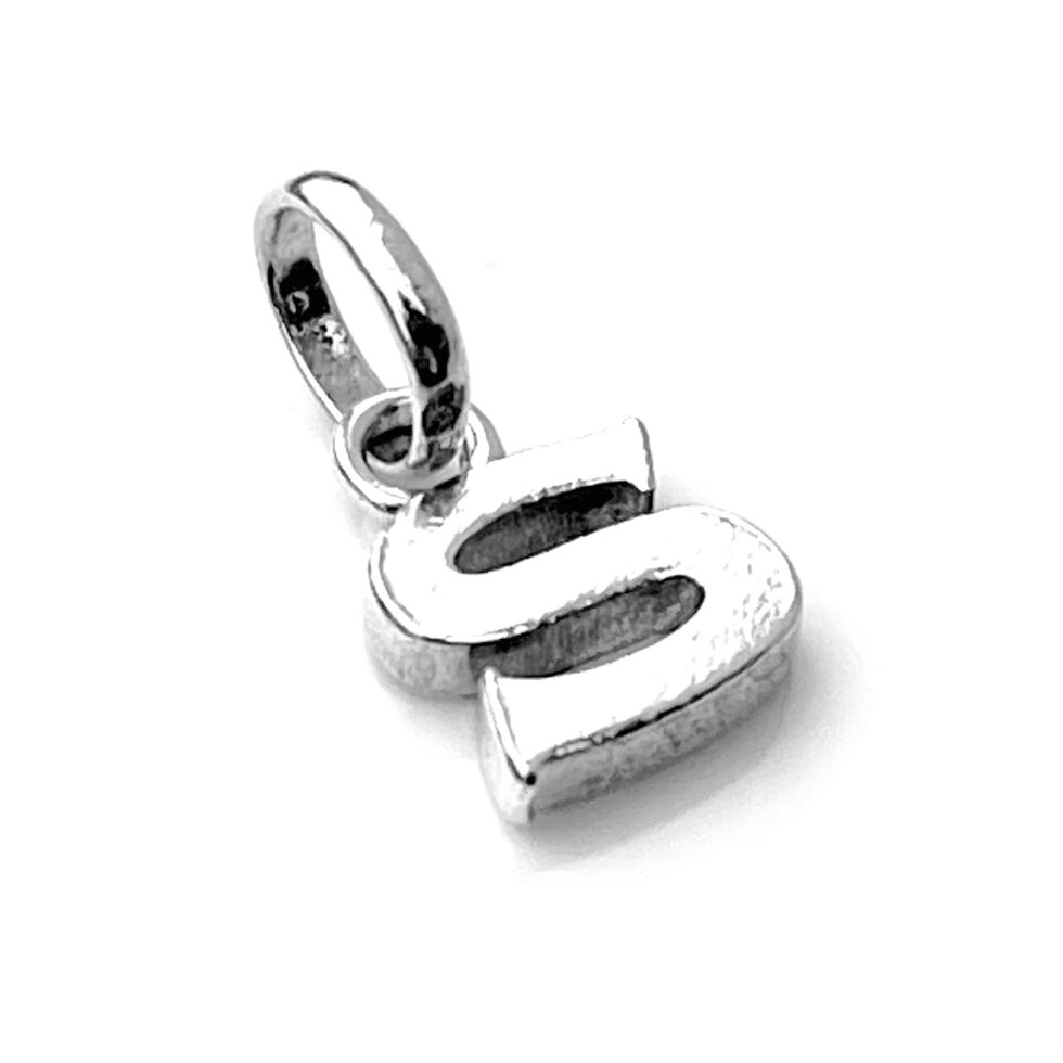 Side view of the letter S charm showcasing its polished sterling silver finish.