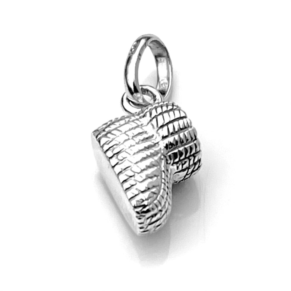 Close-up of the 2010 Links of London Knitted Baby Bootie Charm in sterling silver.