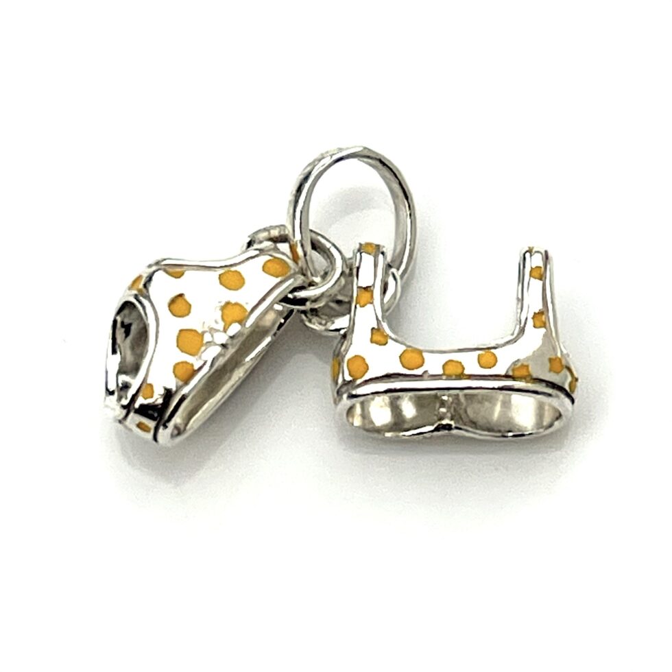 Top and bottom pieces of the bikini charm connected by the bail.