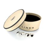 open box view of vintage Links of London sterling silver heart cufflinks.