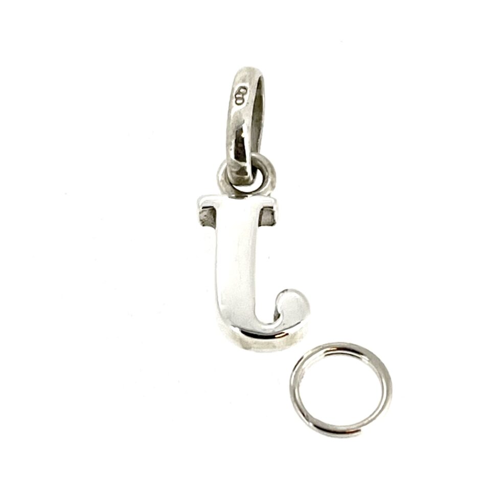 front of the vintage Links of London Sterling Silver Letter J Charm and split ring