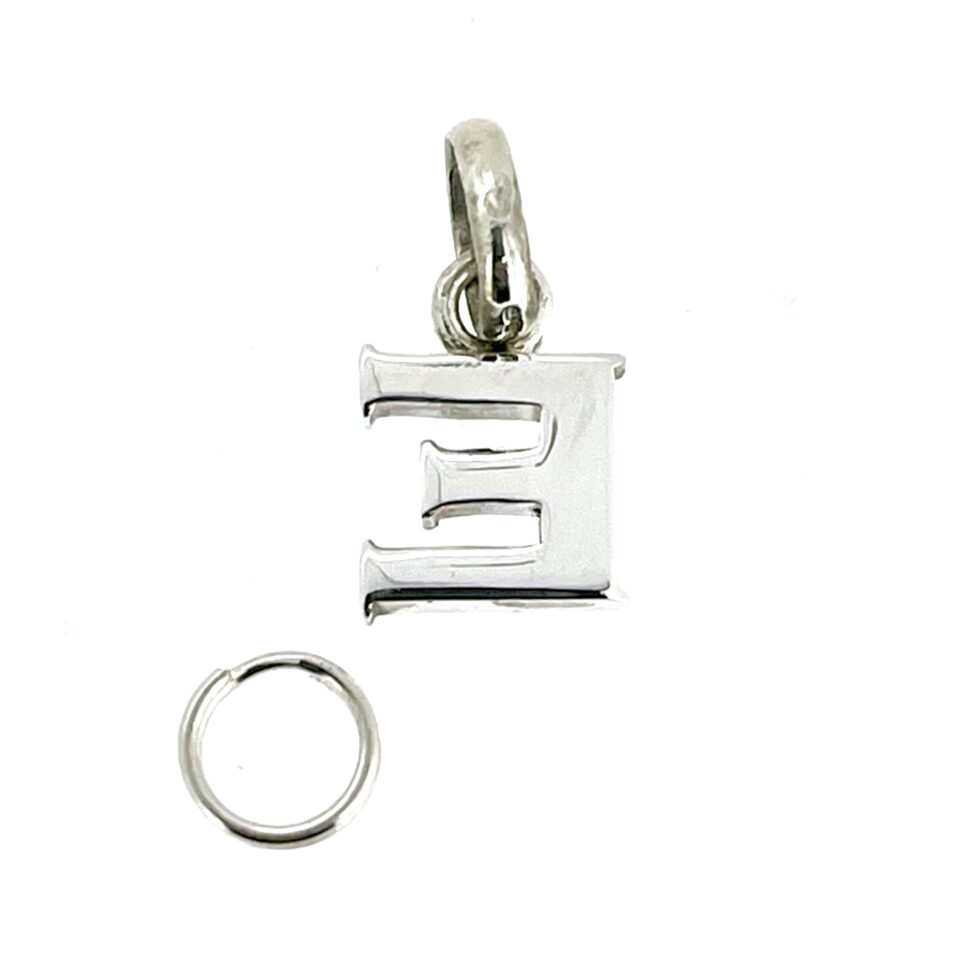 Detailed view of the charm ring/split ring attached to the Letter E Charm.