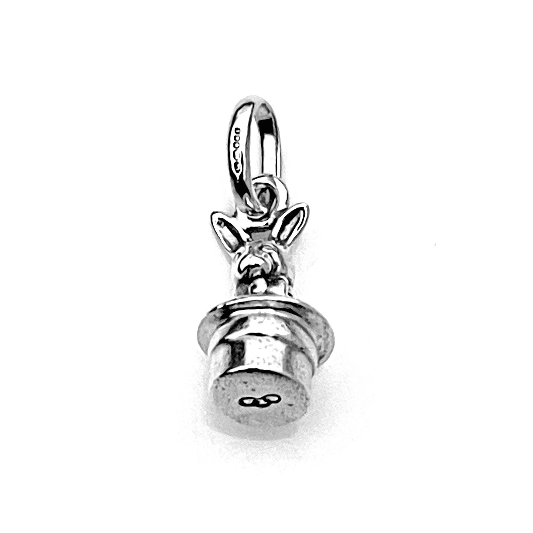 Close-up of the 2010 Links of London Rabbit in Top Hat Charm in sterling silver.