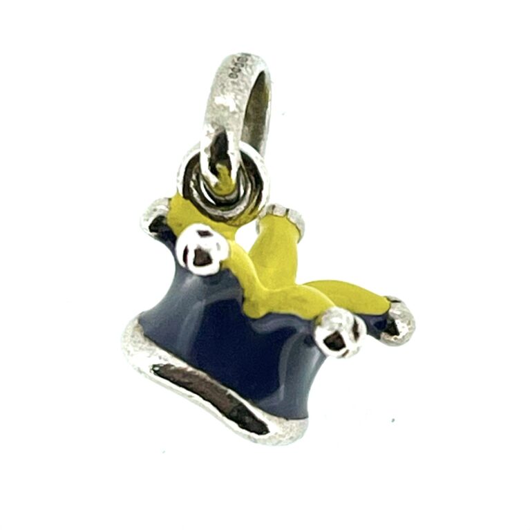 Side view of the Links of London Jester's Hat Charm in sterling silver with purple and yellow enamel.