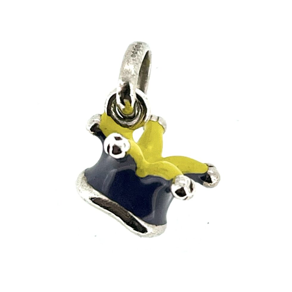 Bracelet view of the Links of London Jester's Hat Charm in sterling silver with purple and yellow enamel.