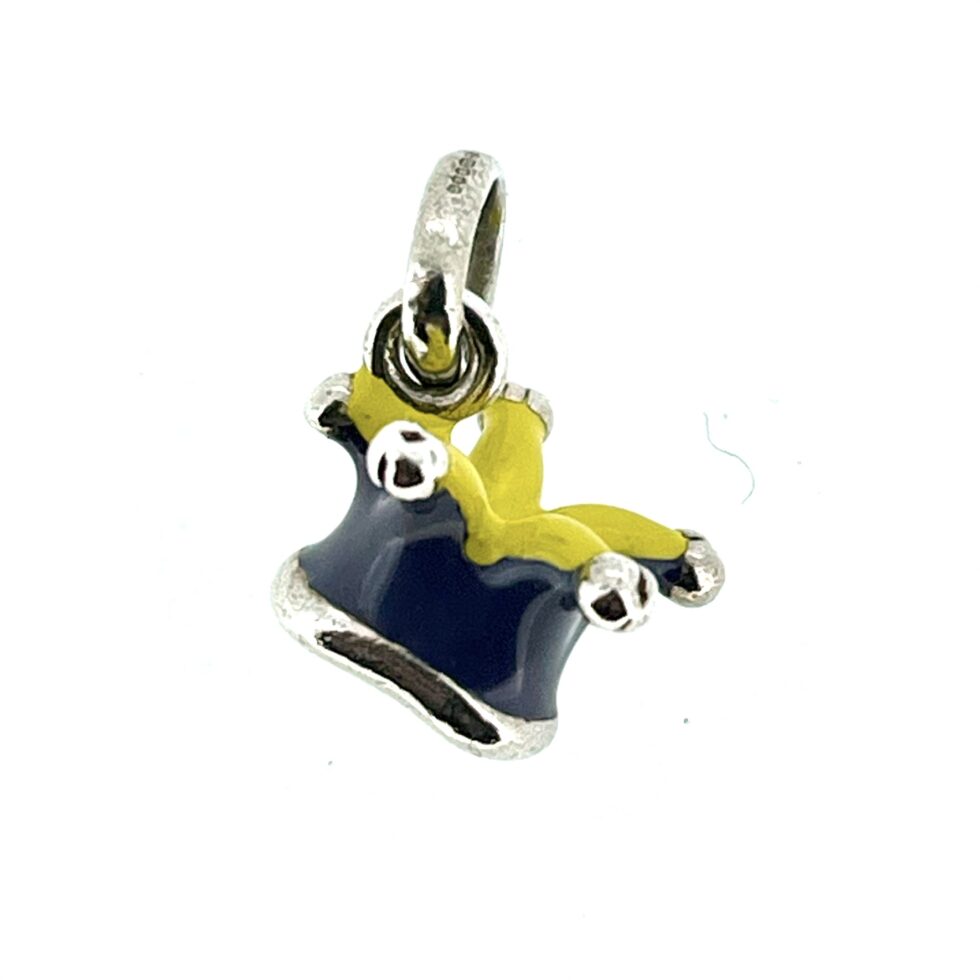 Close-up of the Links of London Jester's Hat Charm in sterling silver with purple and yellow enamel.