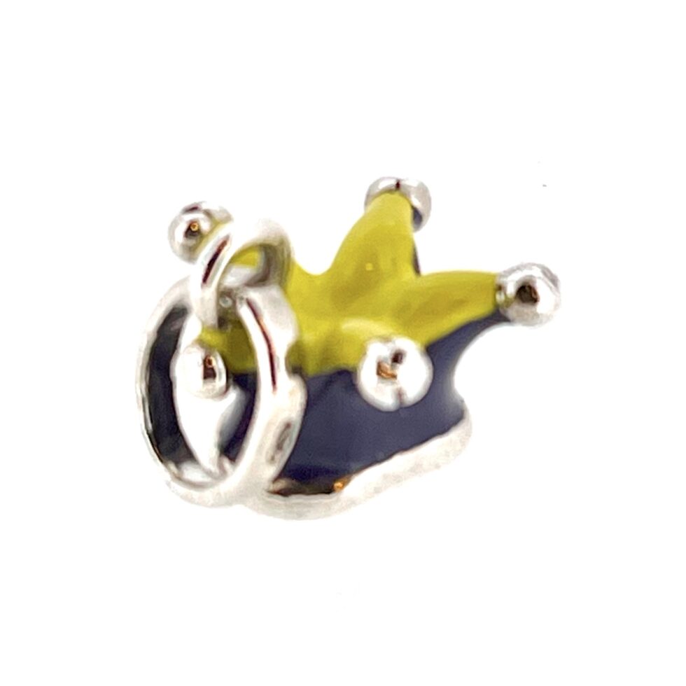 Top side view of the Links of London Jester's Hat Charm in sterling silver with purple and yellow enamel.