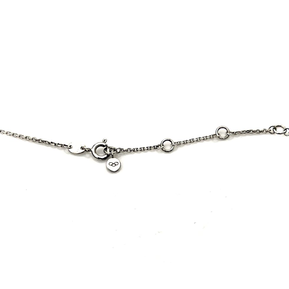 Highlighting the adjustable chain clasp and logo tags.