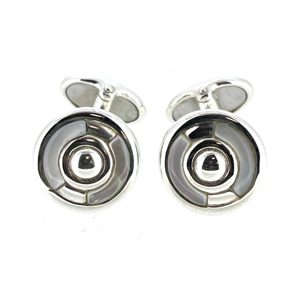 Front view of the 2012 Links of London Sterling Silver Cufflinks with Mother of Pearl Inlay.