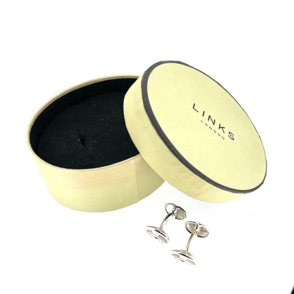 box view of the 2012 Links of London Sterling Silver Cufflinks with Mother of Pearl Inlay.