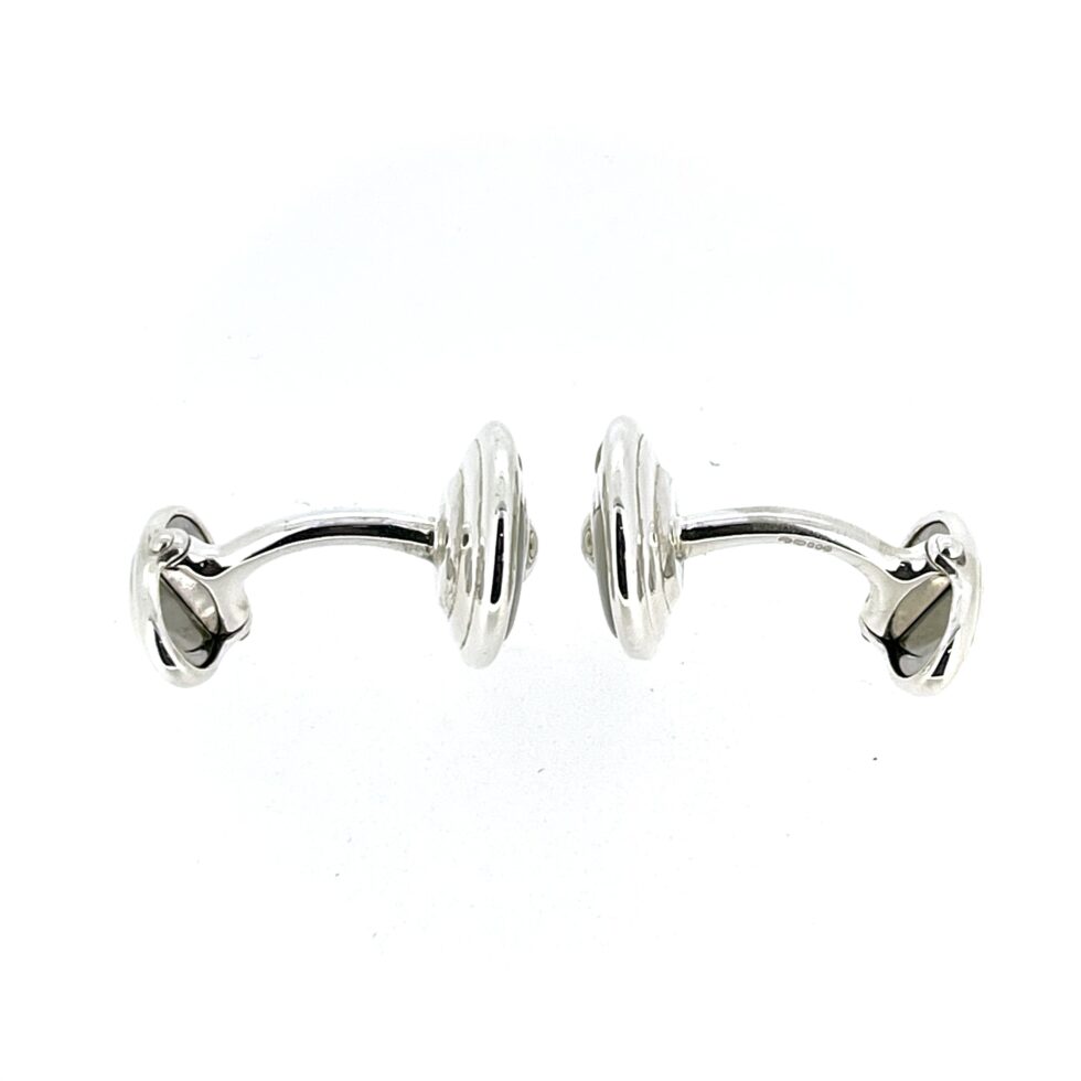 profile view of the 2012 Links of London Sterling Silver Cufflinks with Mother of Pearl Inlay.