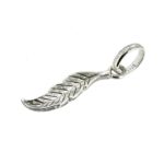 Side view of the charm highlighting the polished silver feather design.