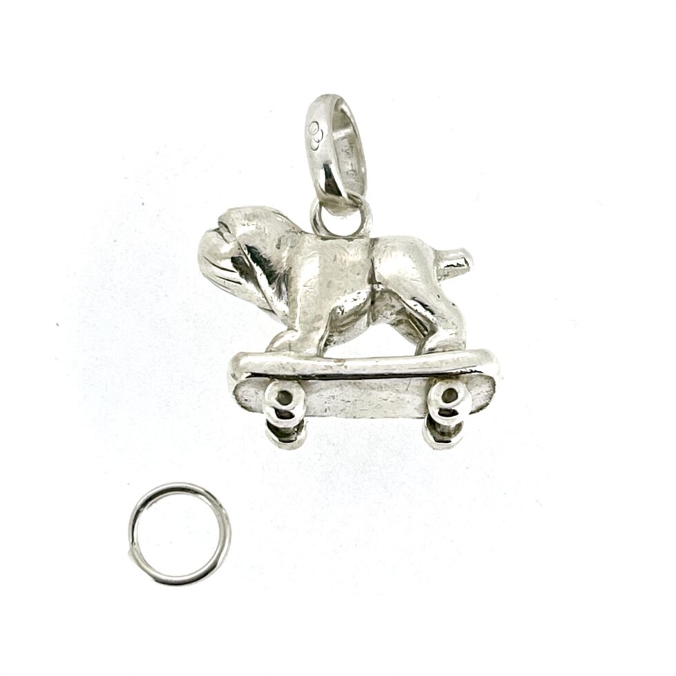 vintage Links of London Sterling Silver Bulldog on a Skateboard Charm with split ring
