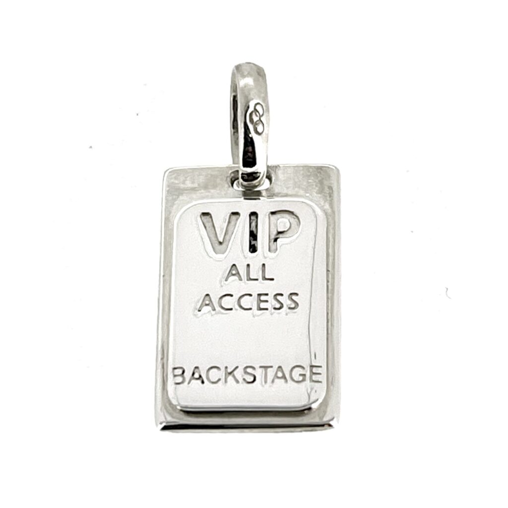 Front view of the 2010 Links of London VIP Backstage Pass Charm showing the engraving.