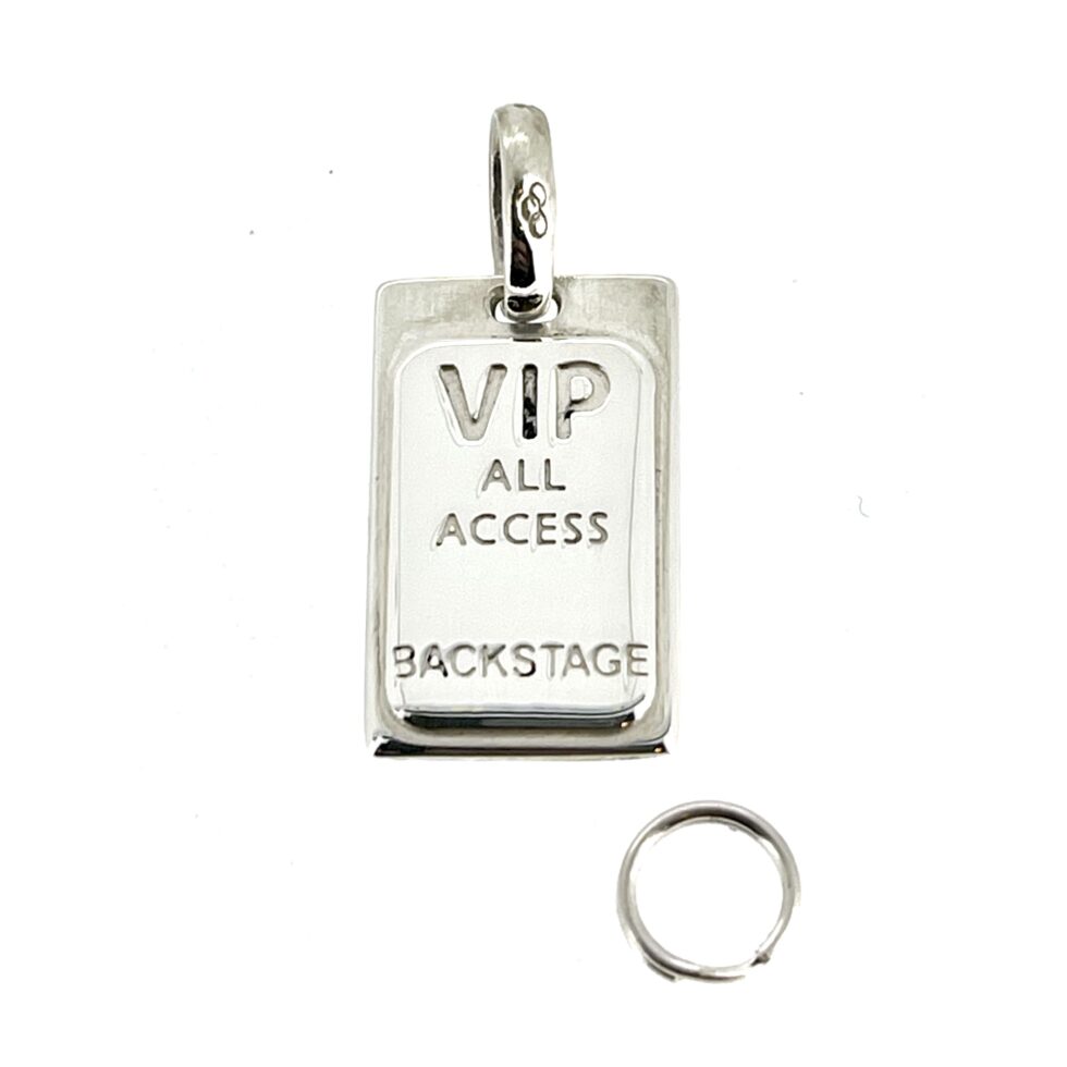 Front view of the 2010 Links of London VIP Backstage Pass Charm showing the engraving.