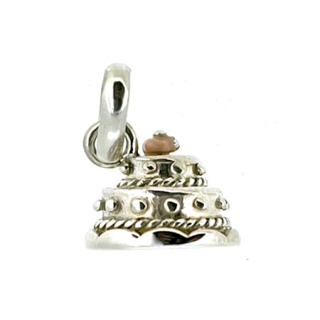 the Vintage Links of London Wedding Cake Charm highlighting its polished silver finish.