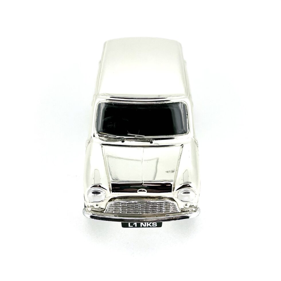 Front view of the silver-plated Lledo Austin Mini Model with LINKS1 number plate.