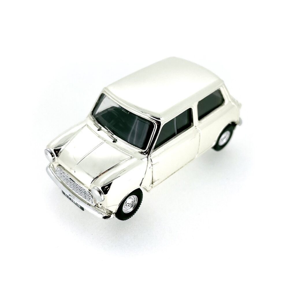 Close-up of the silver-plated exterior, capturing the iconic Mini Cooper details.