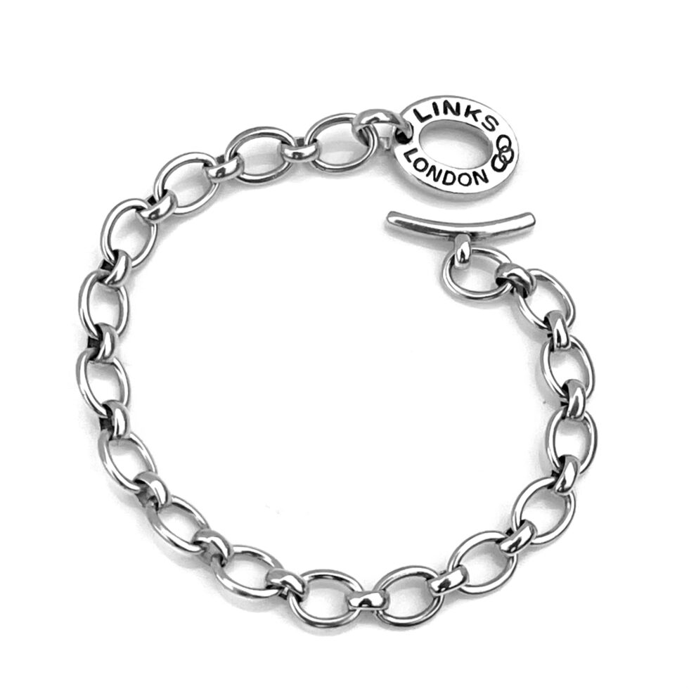Full view of the Classic Charm Bracelet laid flat to show the alternating large and small links.