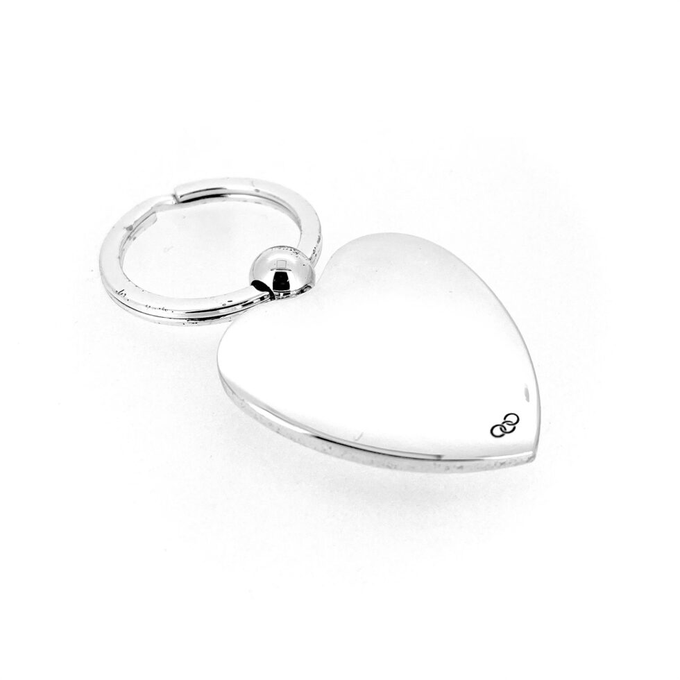 The keyring photographed in natural light to highlight its silver sheen.