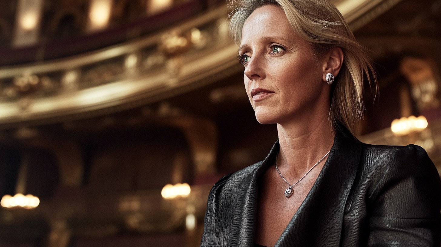 Anastasia walking through a historic theatre, embodying strength, heritage, and luxury with Links London jewellery.
