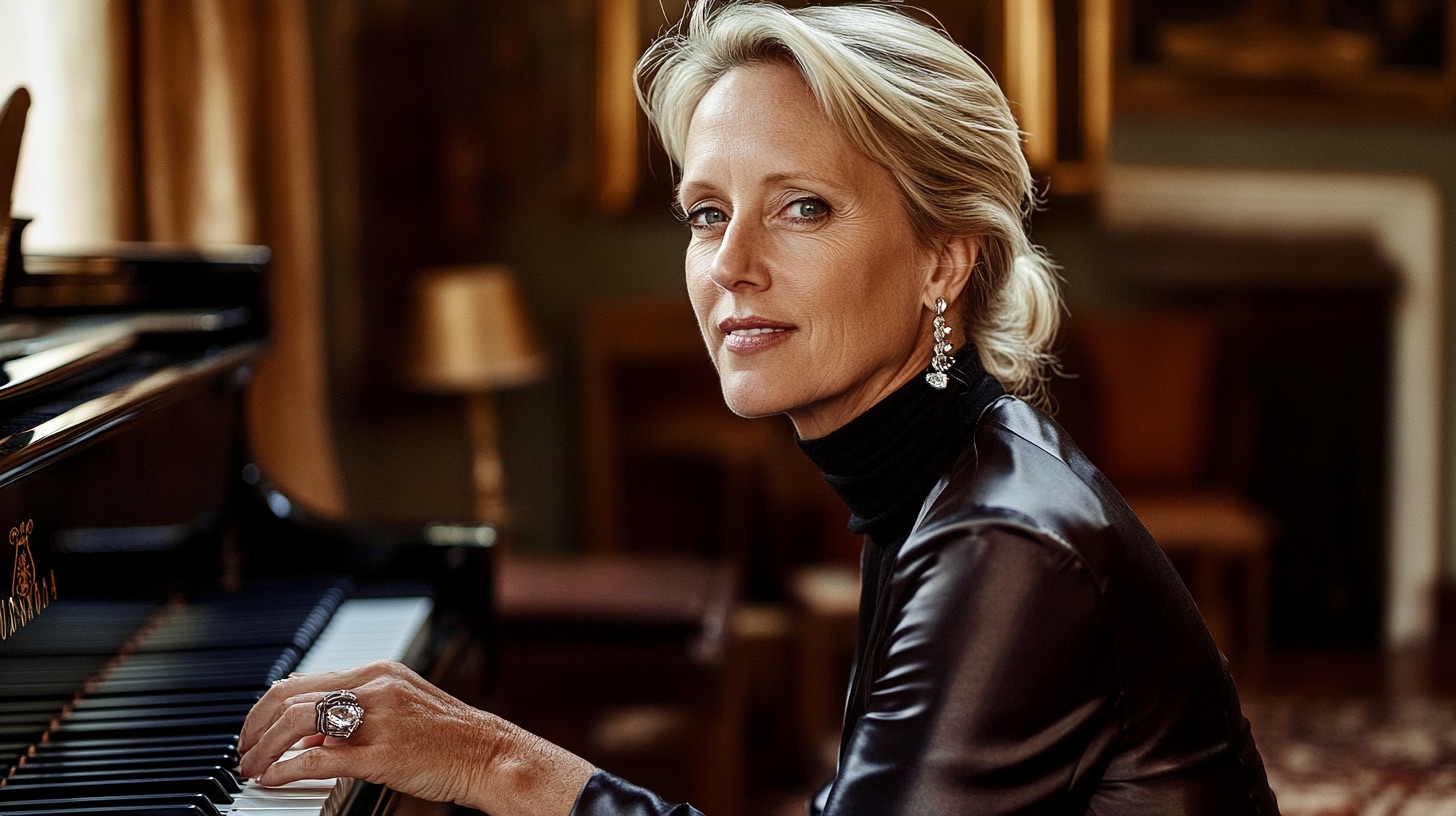 Anastasia at a grand piano, exuding quiet strength and independence, adorned in vintage Links London jewellery.