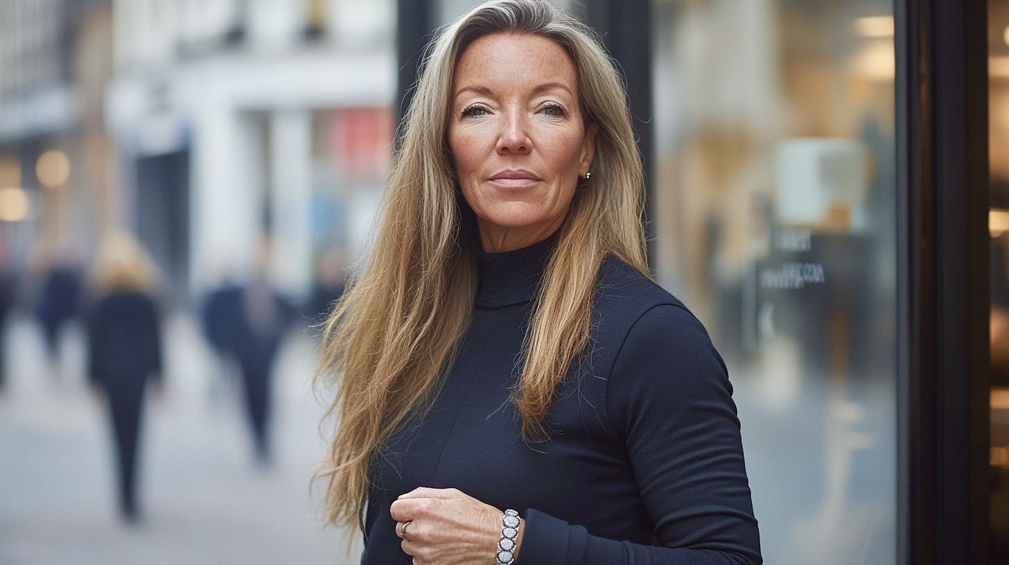 laudia standing strong in a structured coat and Links London jewellery, commanding presence with effortless sophistication