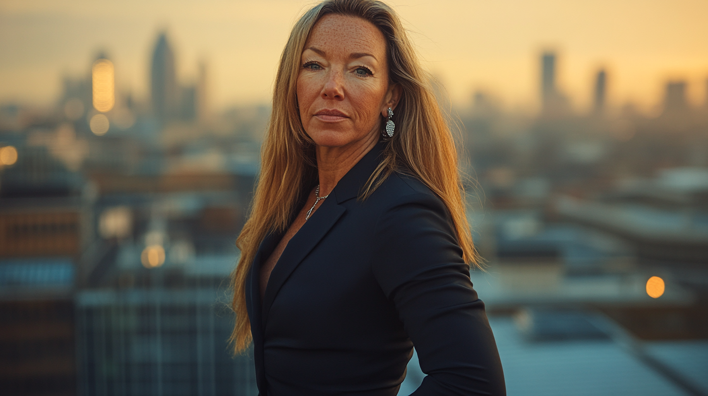 Claudia standing strong, exuding confidence in structured tailoring and bold Links London jewellery.