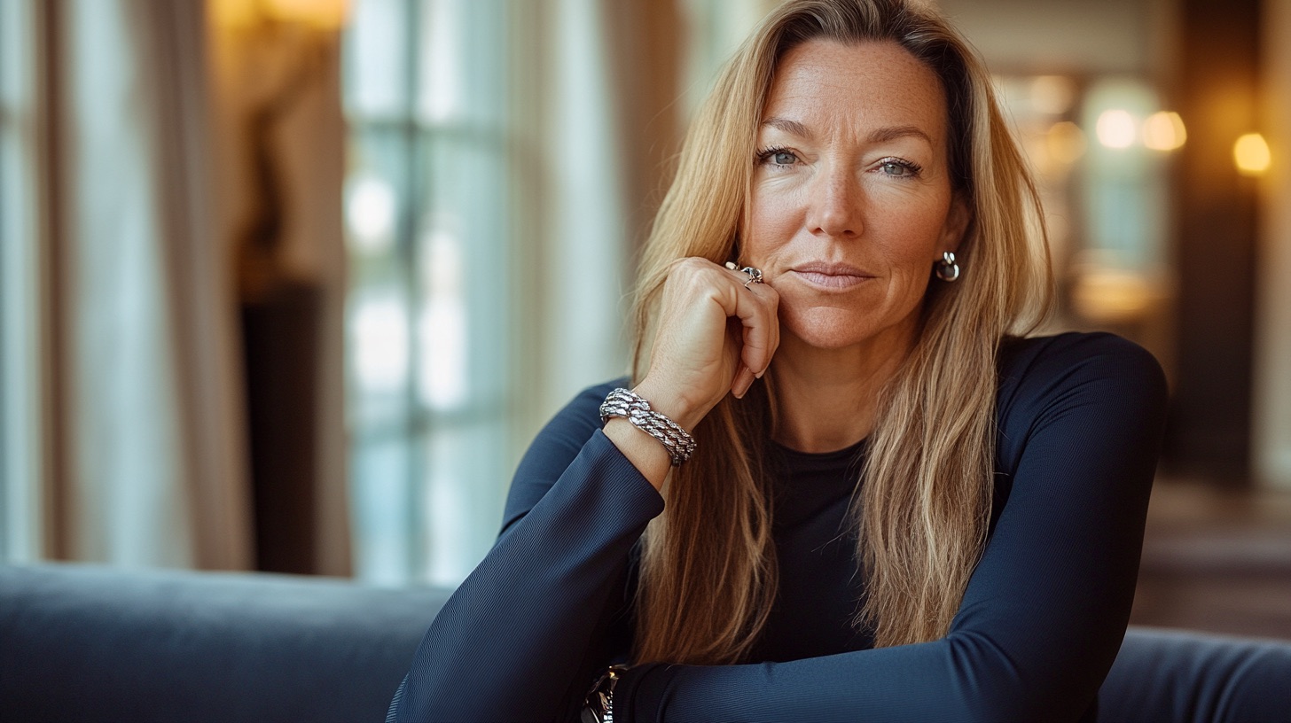 Claudia radiating confidence in structured tailoring and bold Links London jewellery.