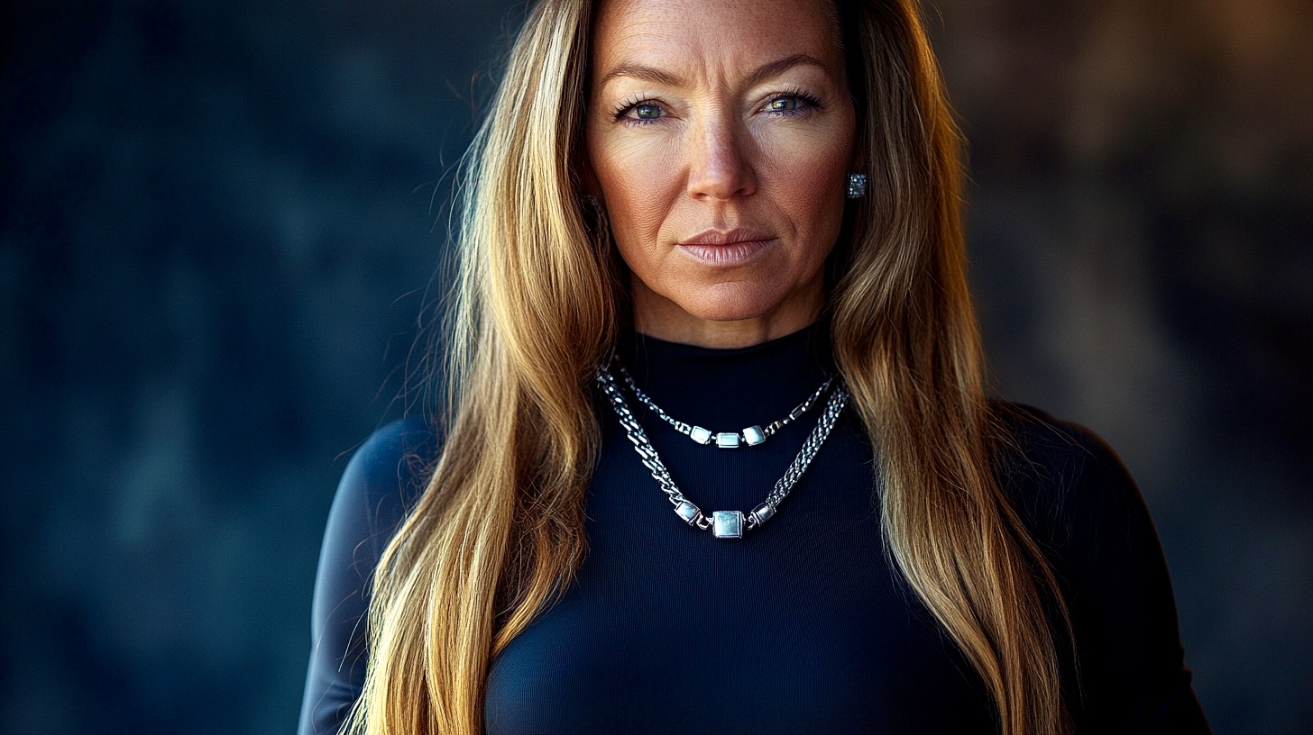 Sophisticated London woman, silver-streaked bob, strong cheekbones, piercing gaze, structured luxury suit, wearing bold statement jewellery