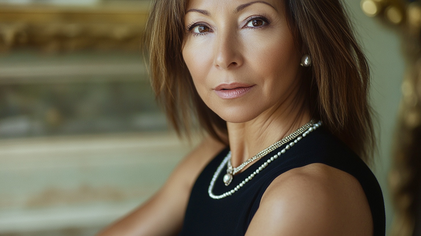 Elegant, high-fashion editorial portrait, 50+ Persian-British woman