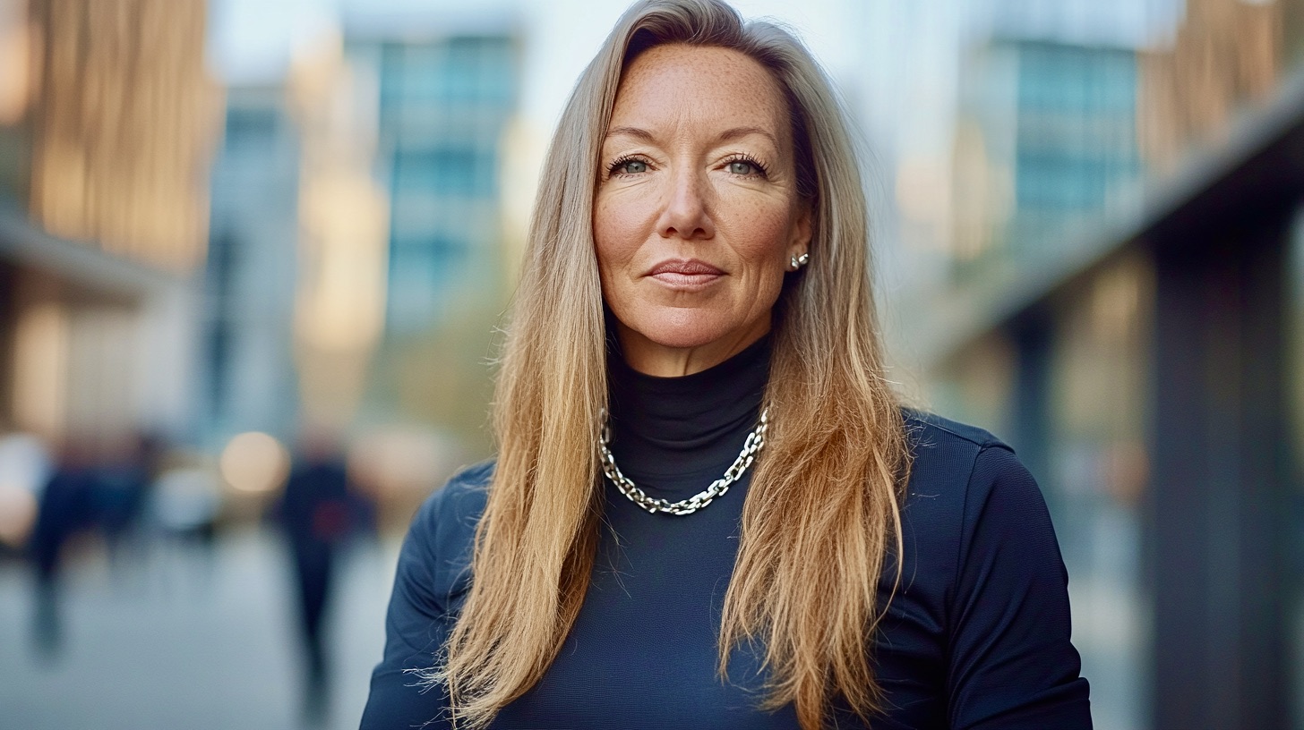A 50+ British woman from Southeast London with a sleek silver-streaked bob, striking cheekbones, and piercing eyes. 